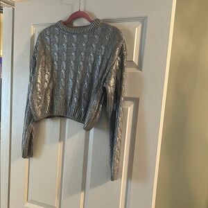 Cropped Metallic Silver Cable Knit Sweater